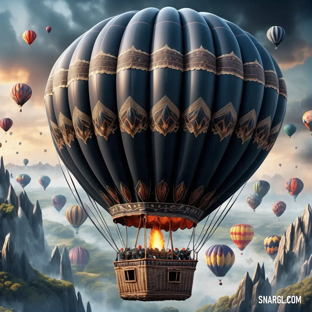 Hot air balloon flying over a mountain range with many hot air balloons in the sky above it. Color PANTONE 533.