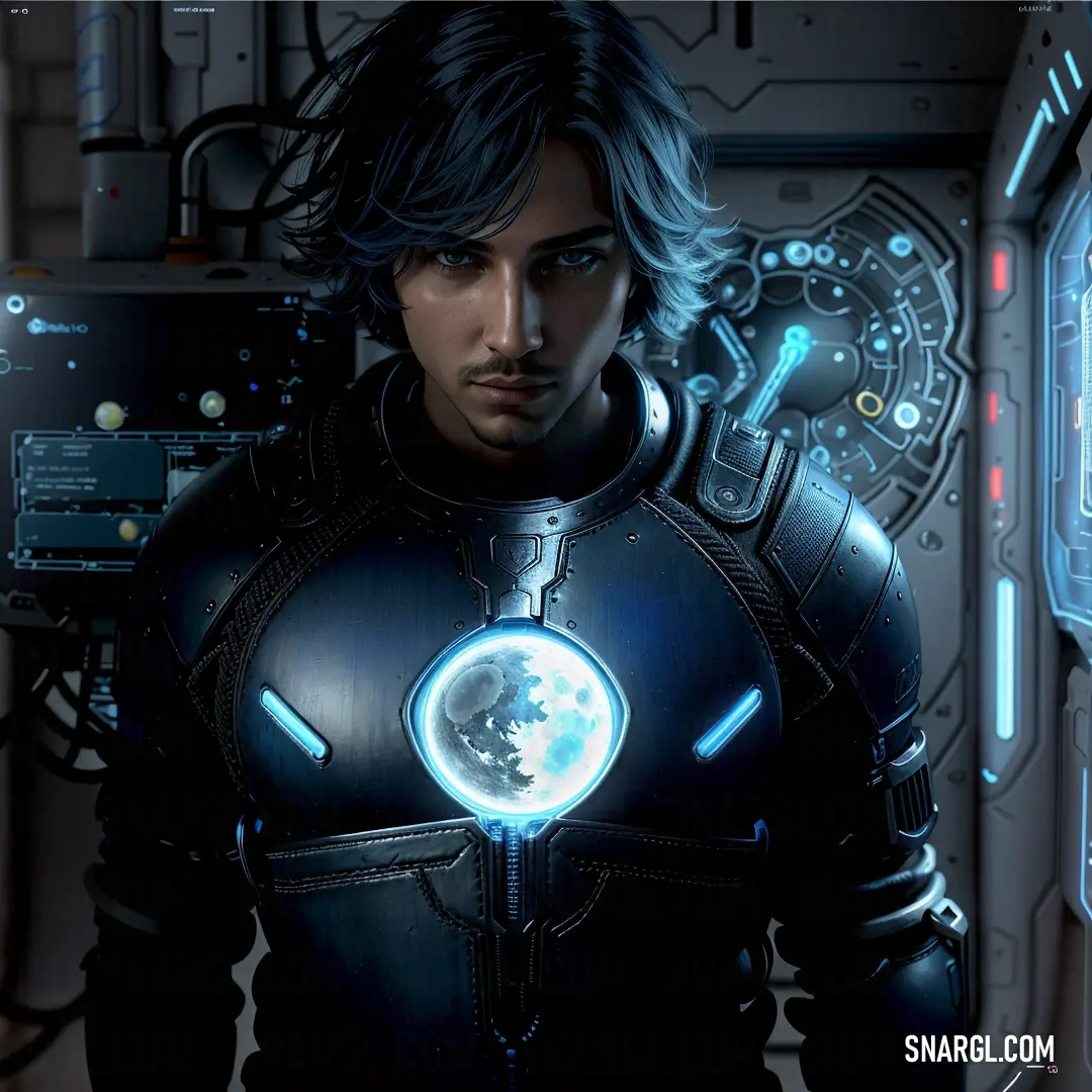 Man in a futuristic suit with a glowing orb in his hand and a futuristic background. Example of #263147 color.