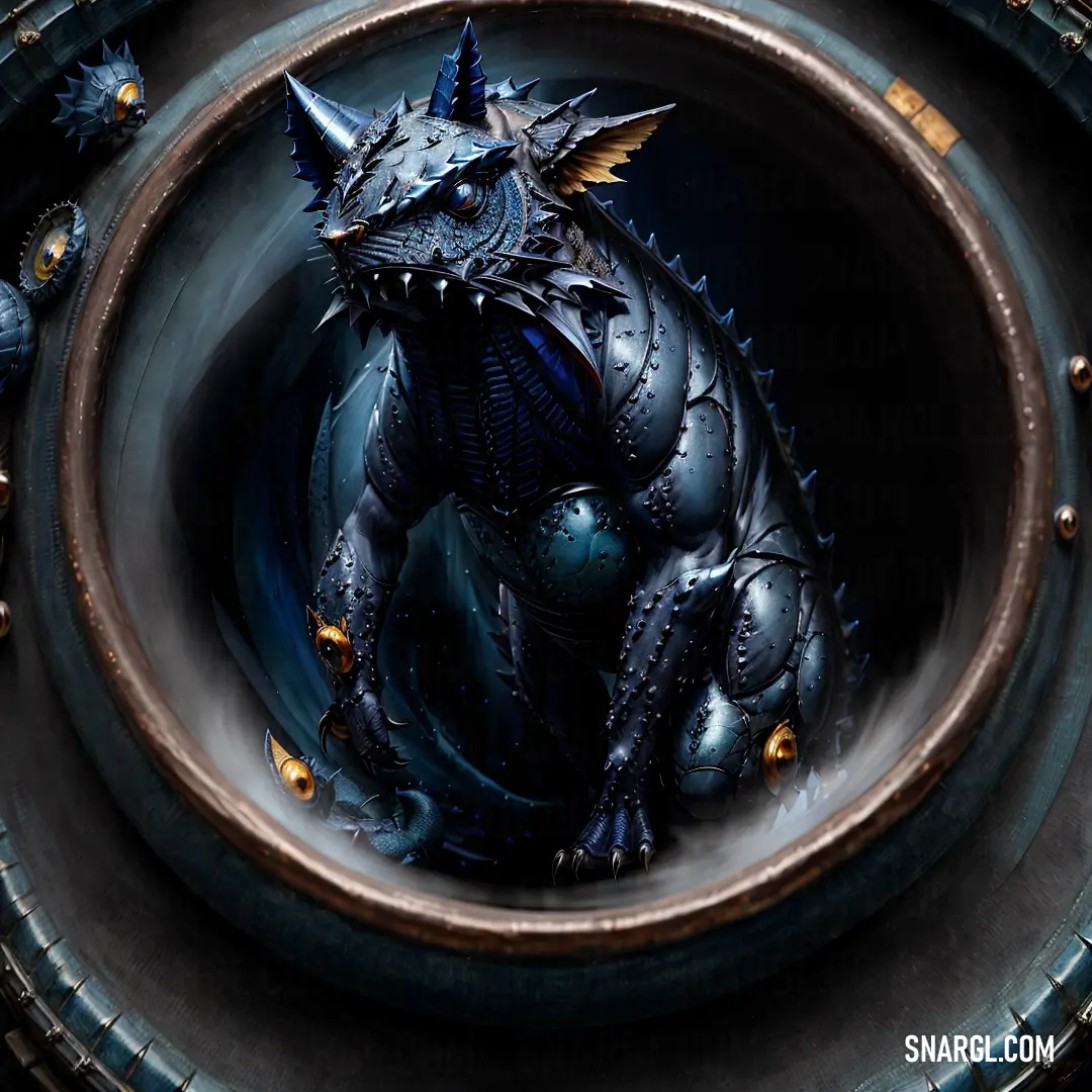 Picture of a creature in a circle with a metal frame around it that is painted in blue and gold. Example of #263147 color.