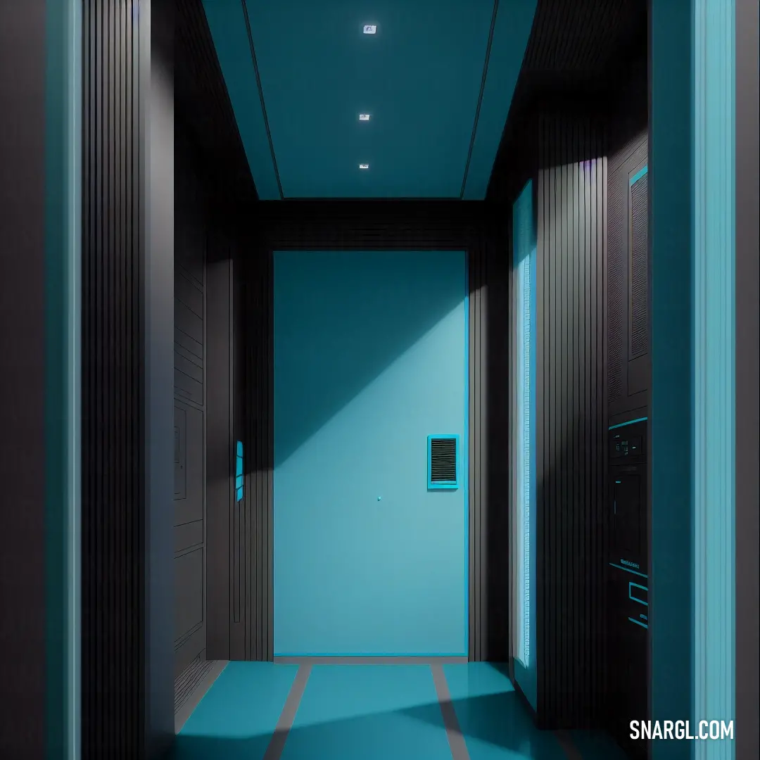 Hallway with a blue door and a light blue wall and floor with a blue light coming through the door. Example of #2C4068 color.