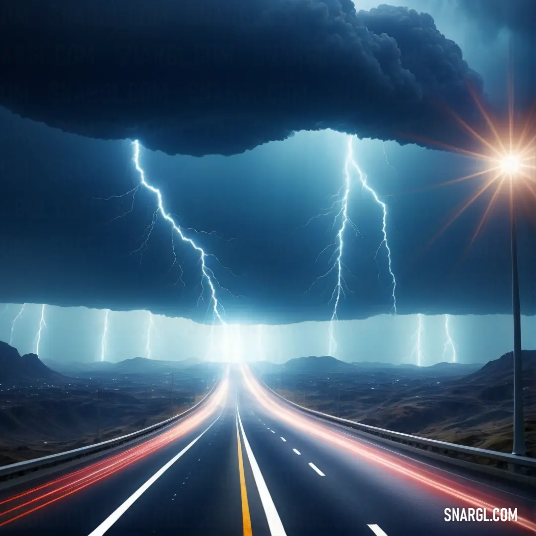 Highway with a lot of lightning in the sky and a lot of cars on the road in the middle. Color RGB 44,64,104.