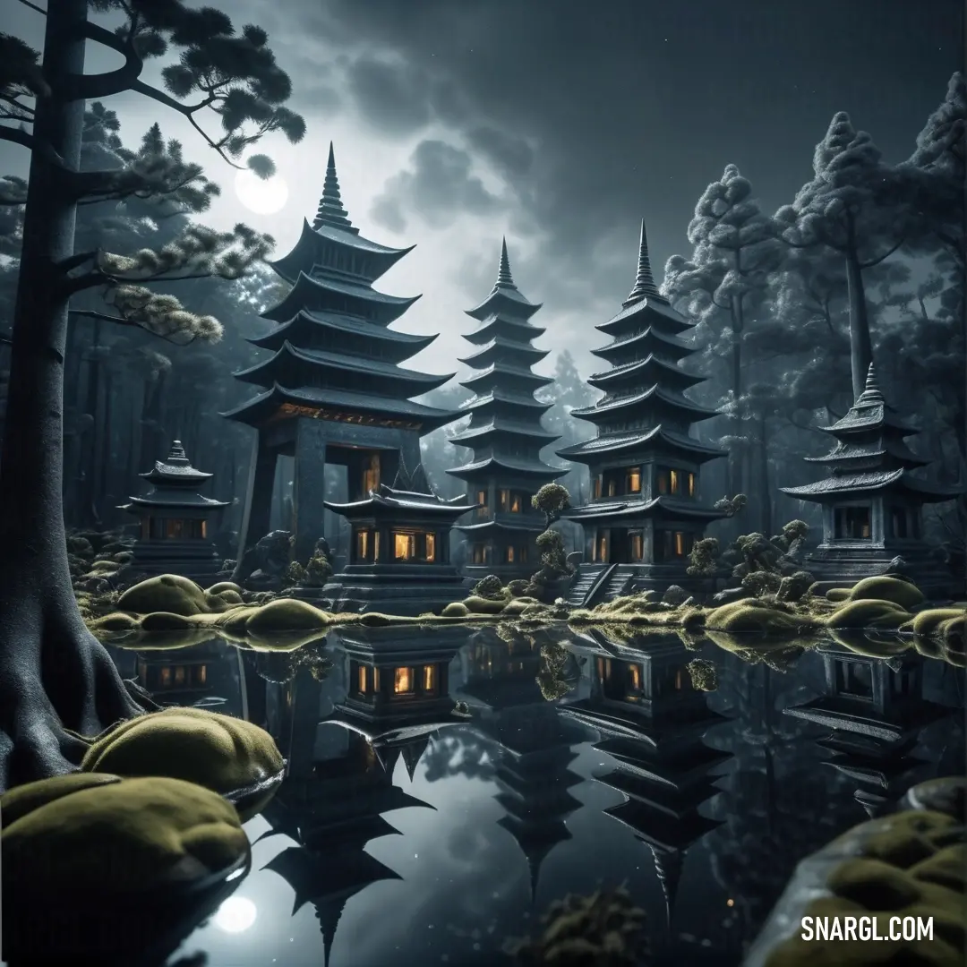 PANTONE 534 color. Painting of a night scene with a pond and pagodas in the background