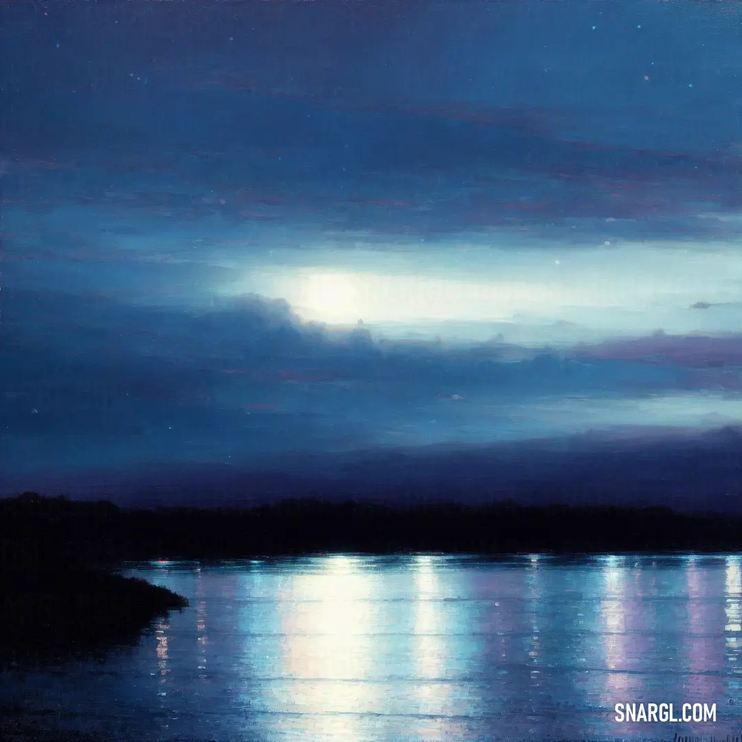 Painting of a night sky with a moon and clouds over water with a boat in the water and a few stars in the sky. Color PANTONE 534.