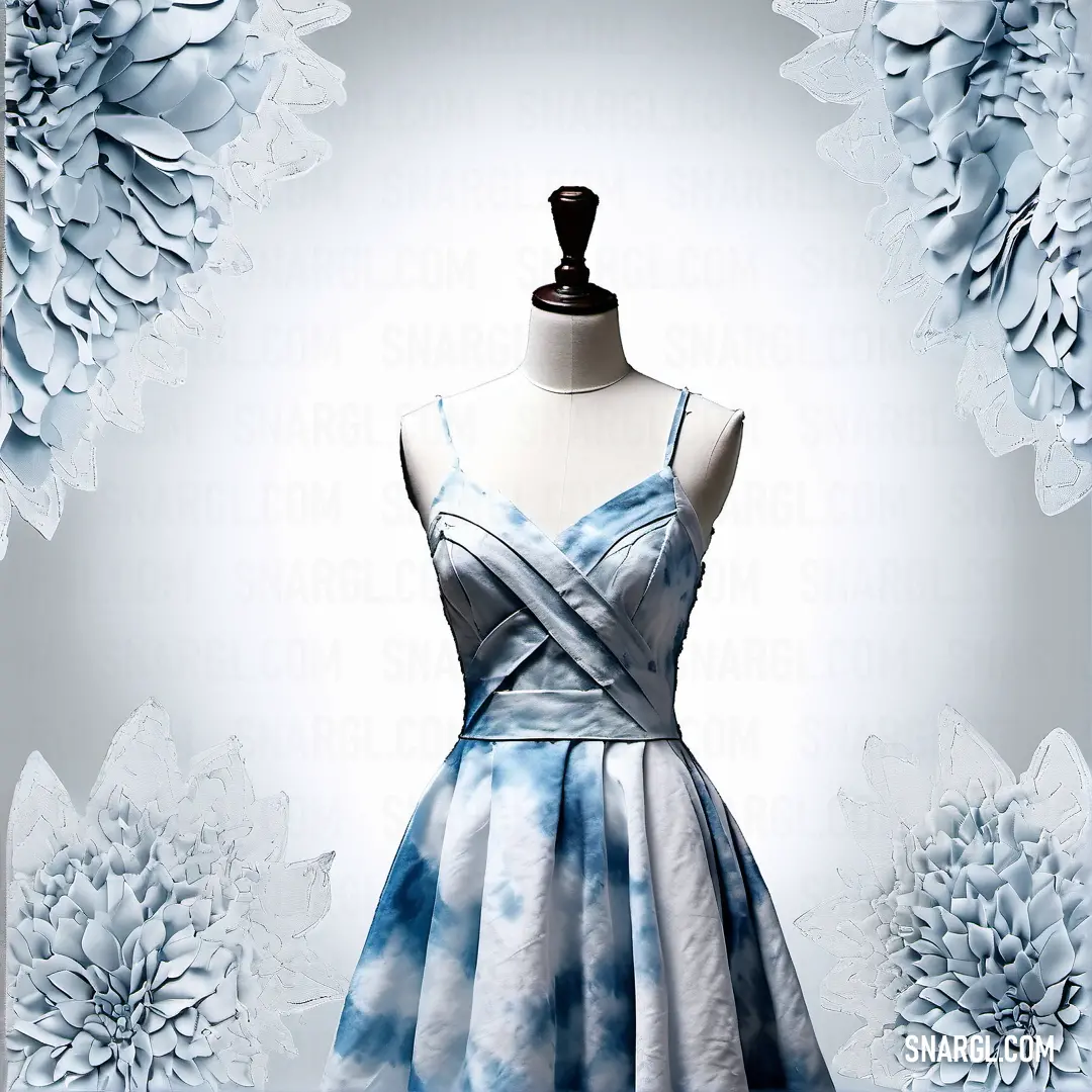 Dress on a mannequin with a blue and white background. Example of CMYK 34,17,2,7 color.