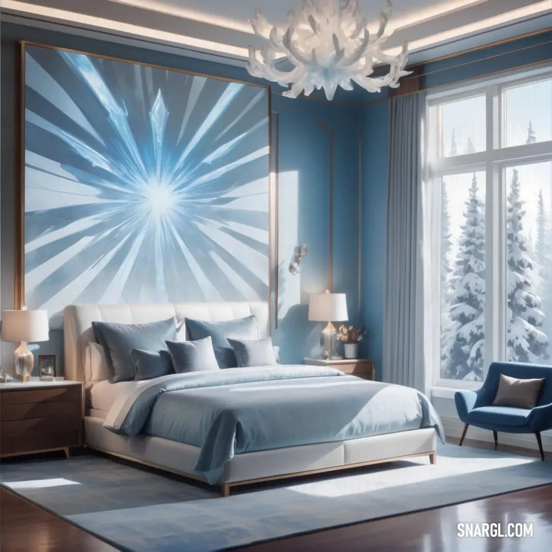 PANTONE 538 color example: Bedroom with a large painting on the wall and a bed in the middle of the room with a chair
