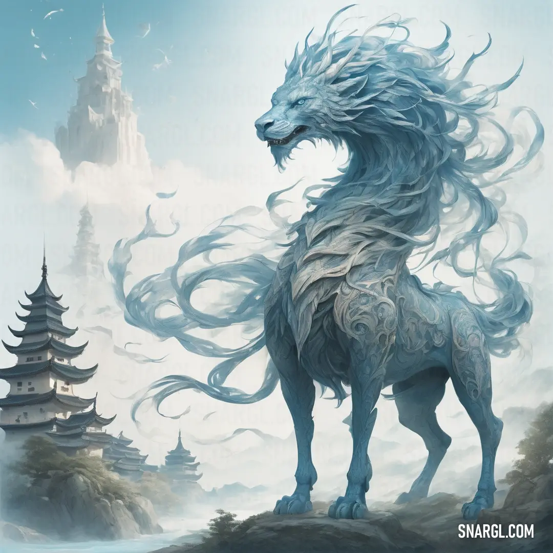 PANTONE 538 color. White dragon standing on a rock in front of a castle and pagodas in the sky with a bird flying overhead