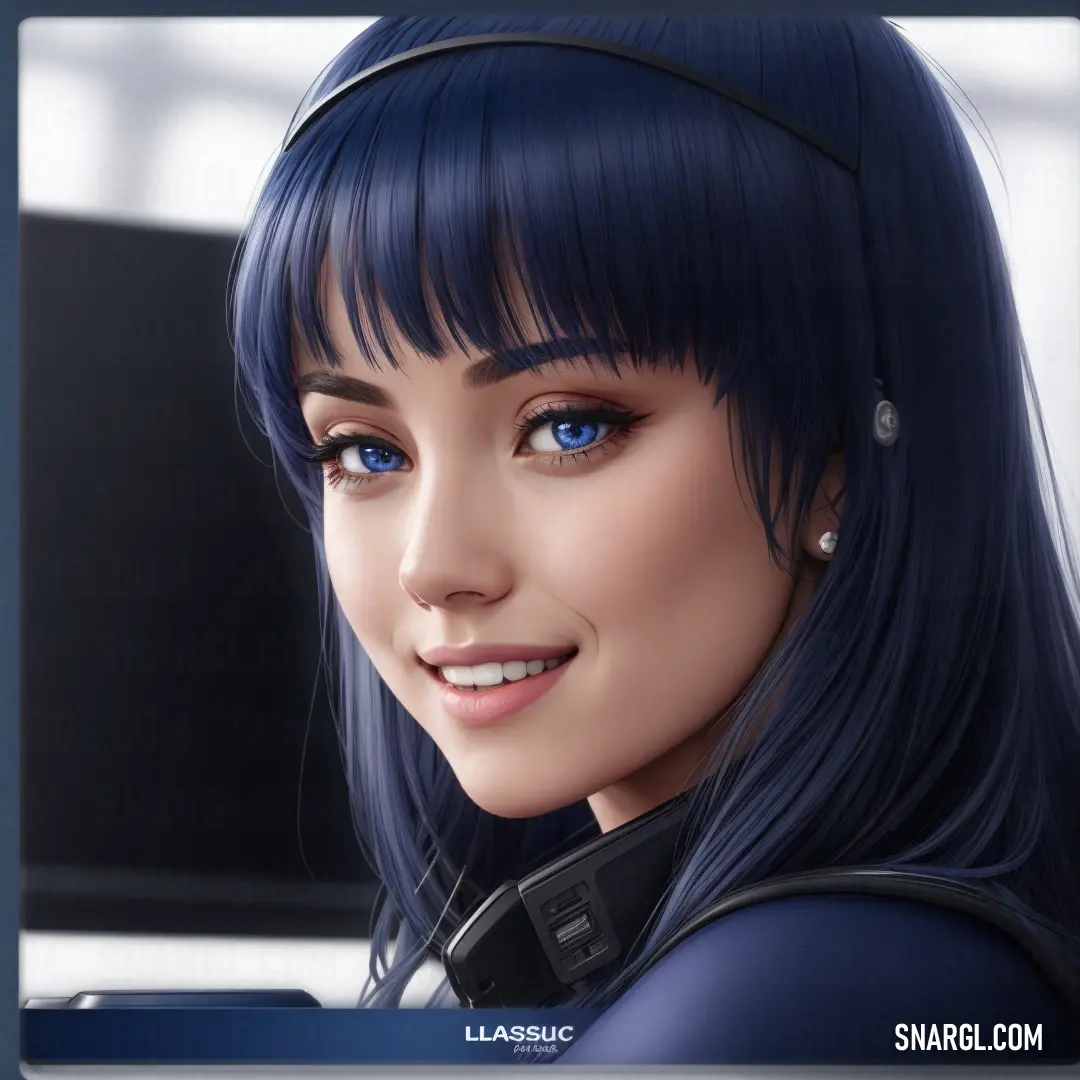 Digital painting of a woman with blue hair and bangs smiling at the camera with a smile on her face. Color CMYK 100,65,22,80.
