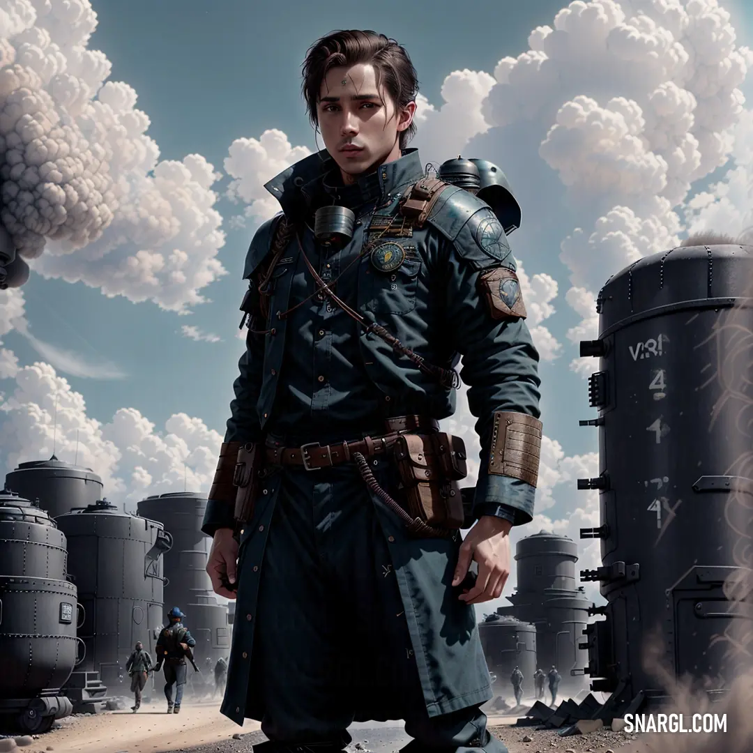 Man in a military uniform standing in front of a factory with smoke stacks in the background. Example of #1D2E43 color.