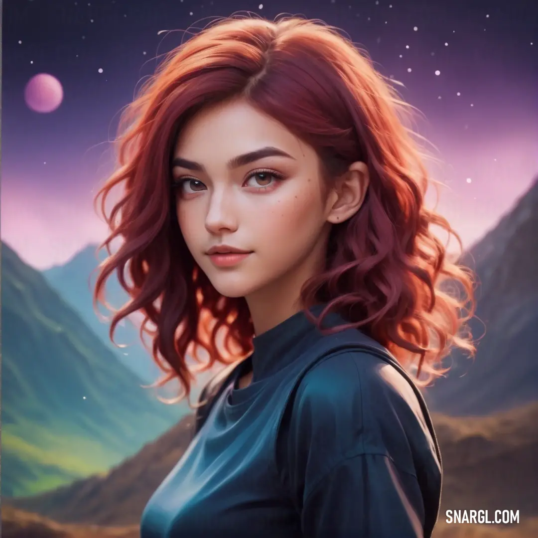 Painting of a woman with red hair and a mountain background. Color #1D2E43.