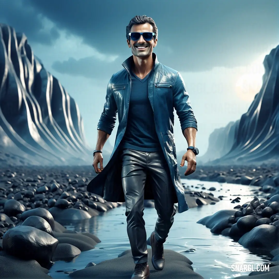 Man in a blue shirt and black pants walking across a river with rocks and mountains in the background. Example of #486D87 color.
