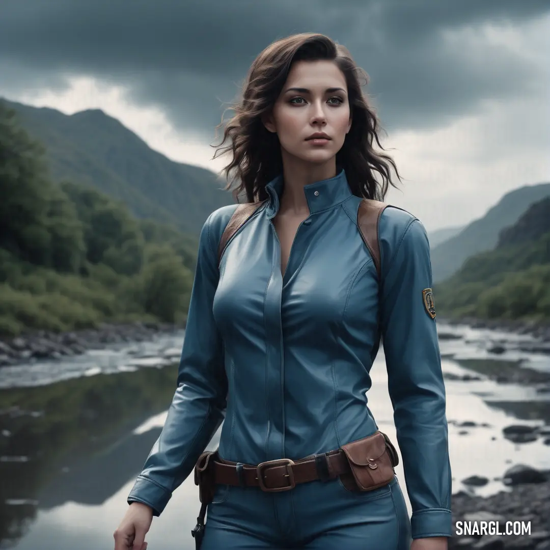 Woman in a blue suit standing in front of a river and mountains with a gun in her hand. Color CMYK 68,35,17,40.