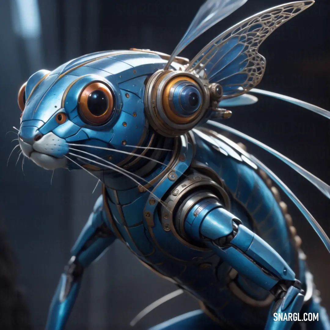 Blue and gold robot cat with big eyes and wings on its body. Example of PANTONE 541 color.