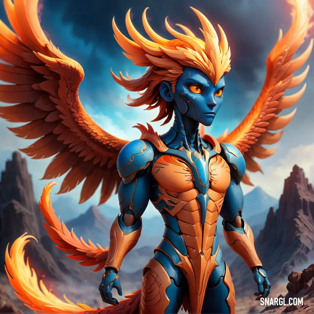 Cartoon character with a blue and orange outfit and orange wings on his body and chest. Example of CMYK 100,58,9,46 color.