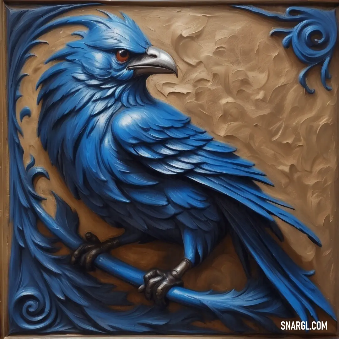 Painting of a blue bird on a brown background. Example of #154B75 color.