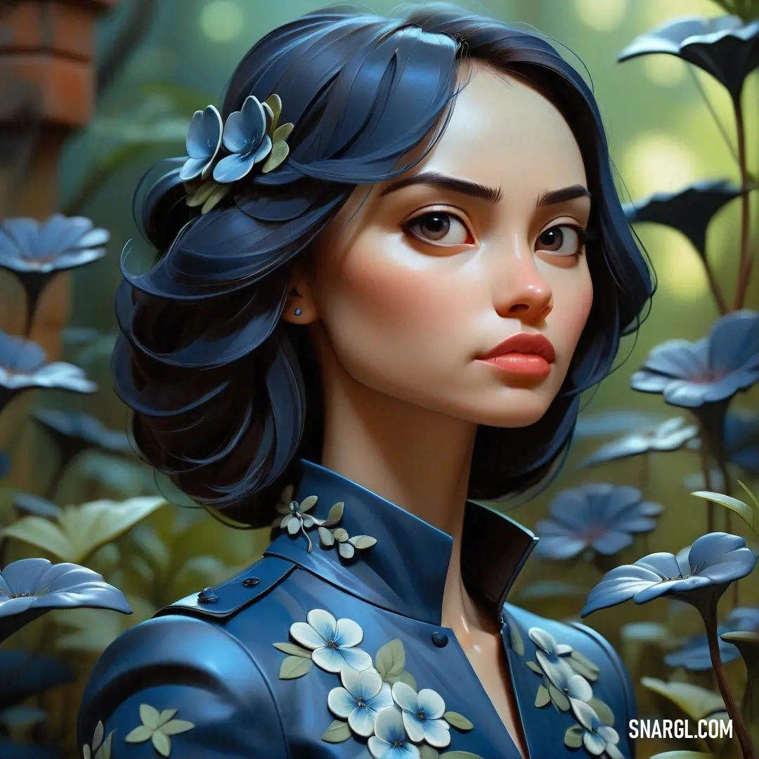 Painting of a woman with blue hair and flowers in her hair. Color PANTONE 541.