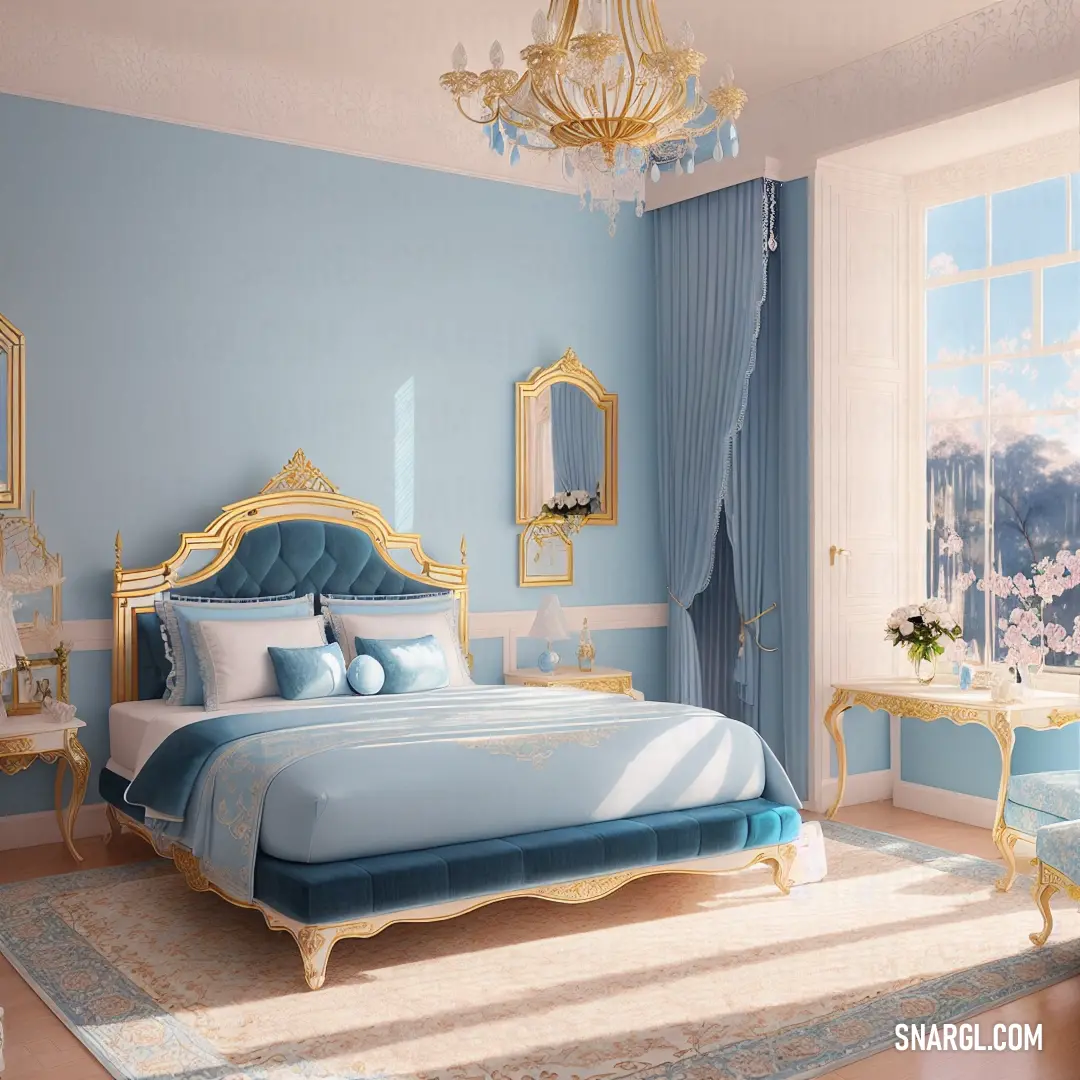 Bedroom with a blue and gold theme and a chandelier hanging from the ceiling and a bed with blue sheets and pillows