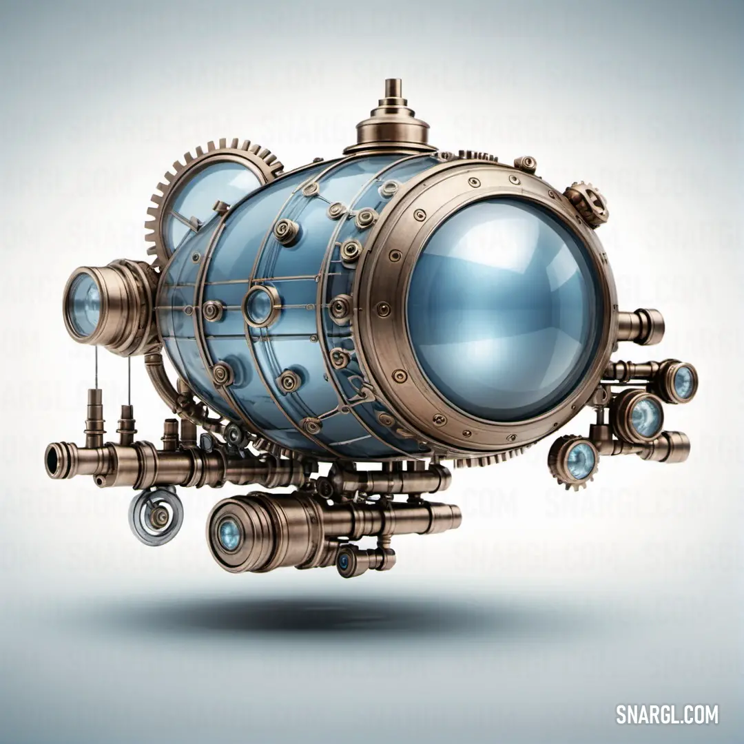 Blue and gold mechanical object with gears and valves on a white background. Color #5F849C.