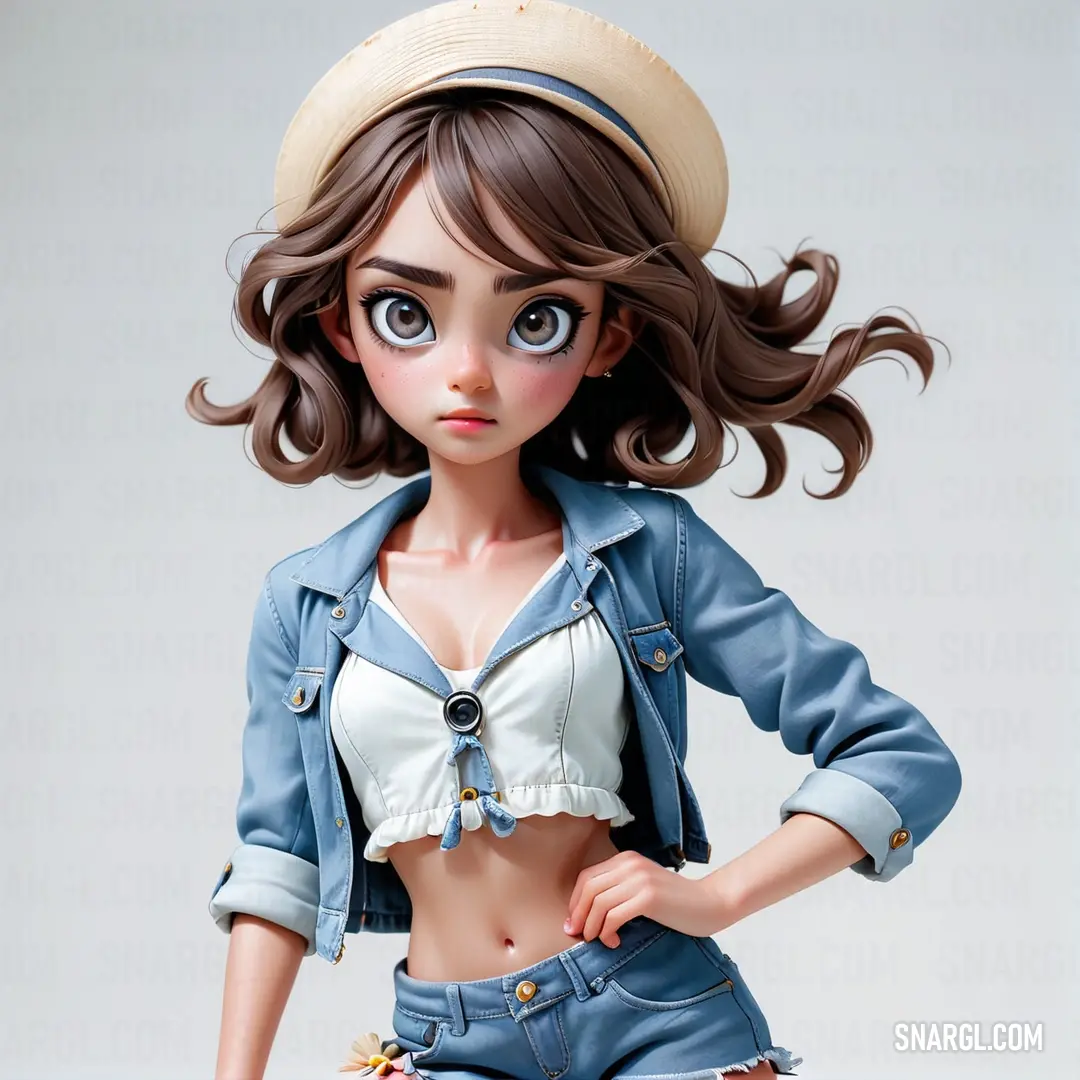 Doll with a hat and blue eyes is posed for a picture on a table top with a white background. Color #5F849C.