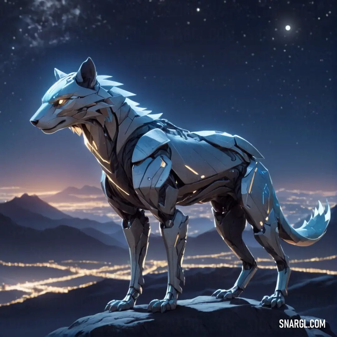 PANTONE 5415 color. Wolf statue on top of a mountain under a night sky with stars and a moon in the background