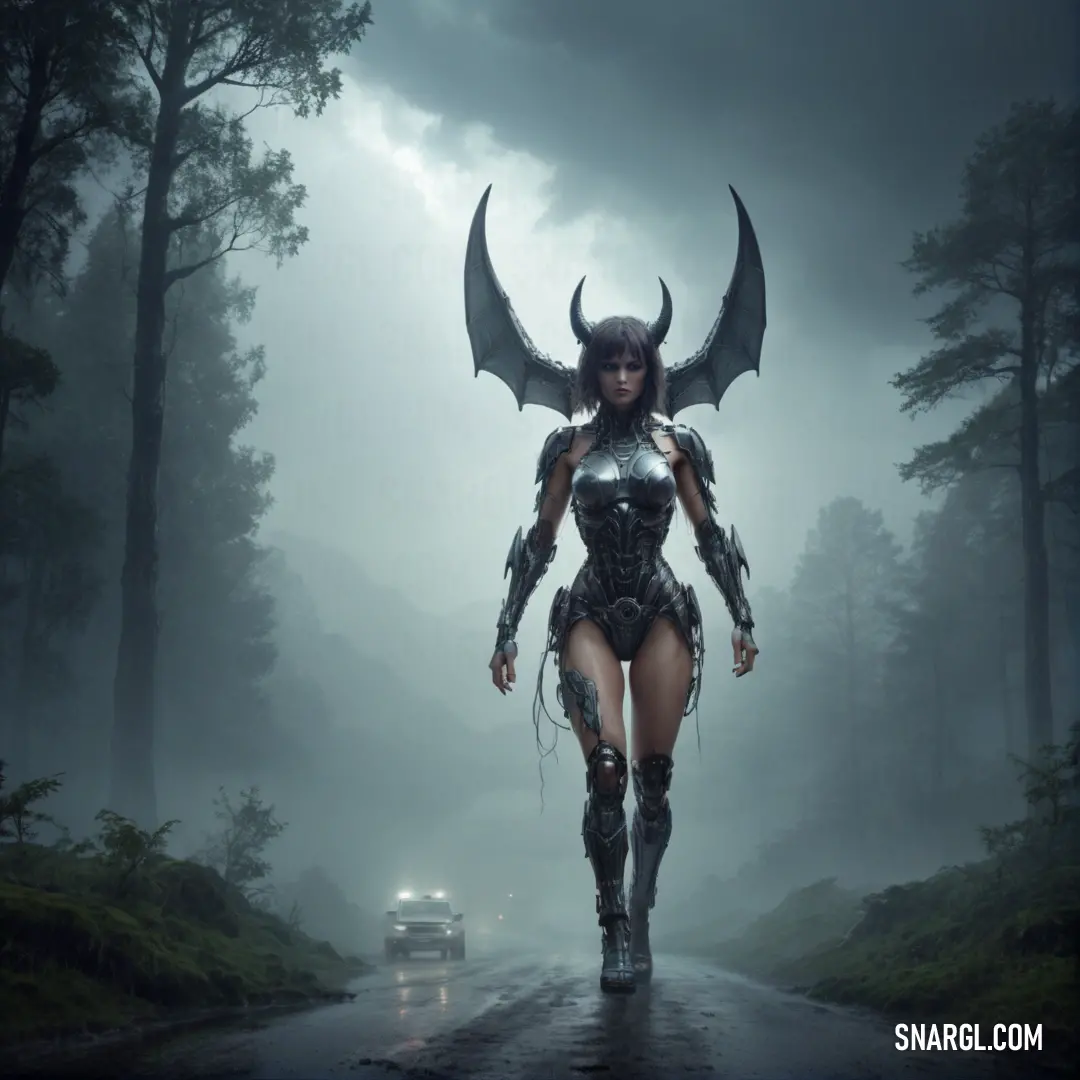 Woman in a costume walking down a road with a car behind her in the foggy forest with a demon like costume. Example of #5F849C color.