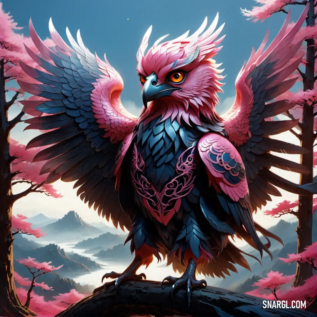 Bird with a pink and black design on its wings and wings spread out. Color PANTONE 2172.