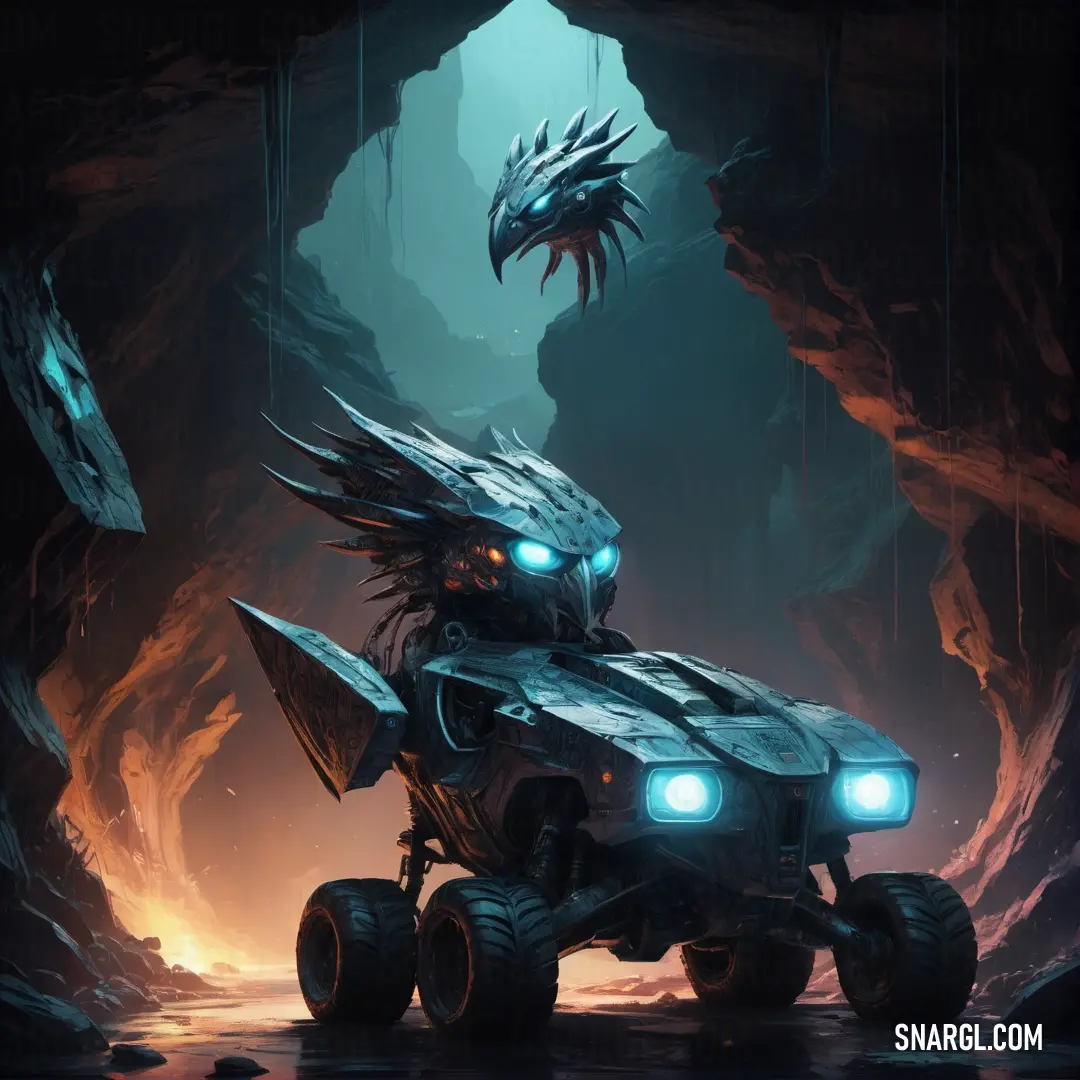 Monster truck with glowing eyes driving through a cave with a dragon on its back and a glowing head. Example of CMYK 60,19,1,4 color.