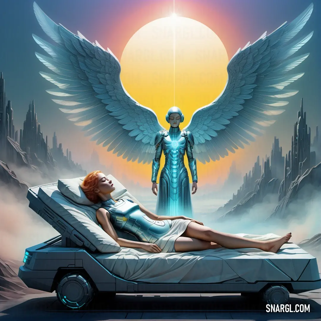 Woman laying on a bed with a giant angel above her head and a man standing behind her in a futuristic setting. Example of #7B9CB1 color.