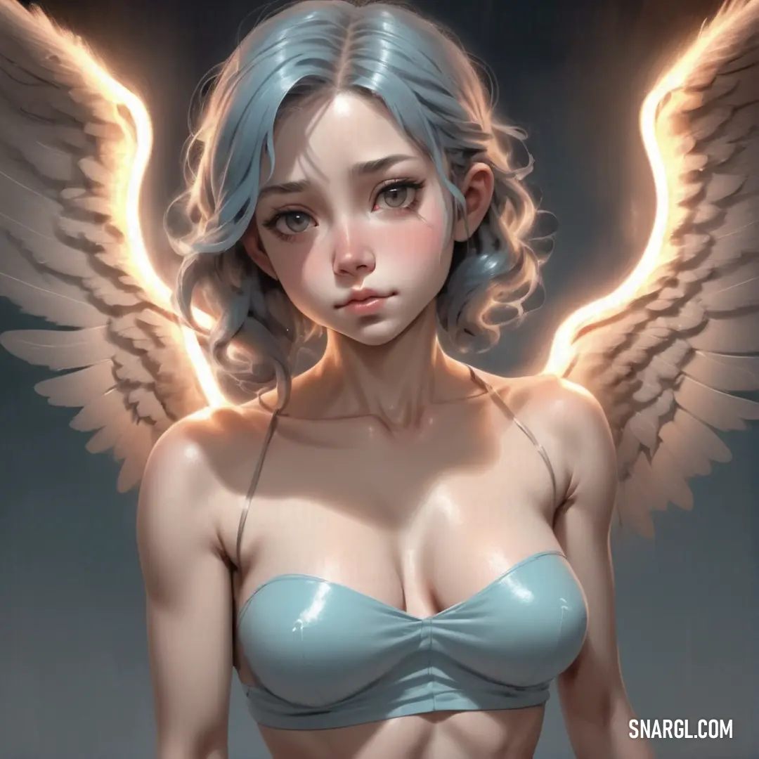 Woman with blue hair and angel wings on her chest and chest. Color PANTONE 5425.