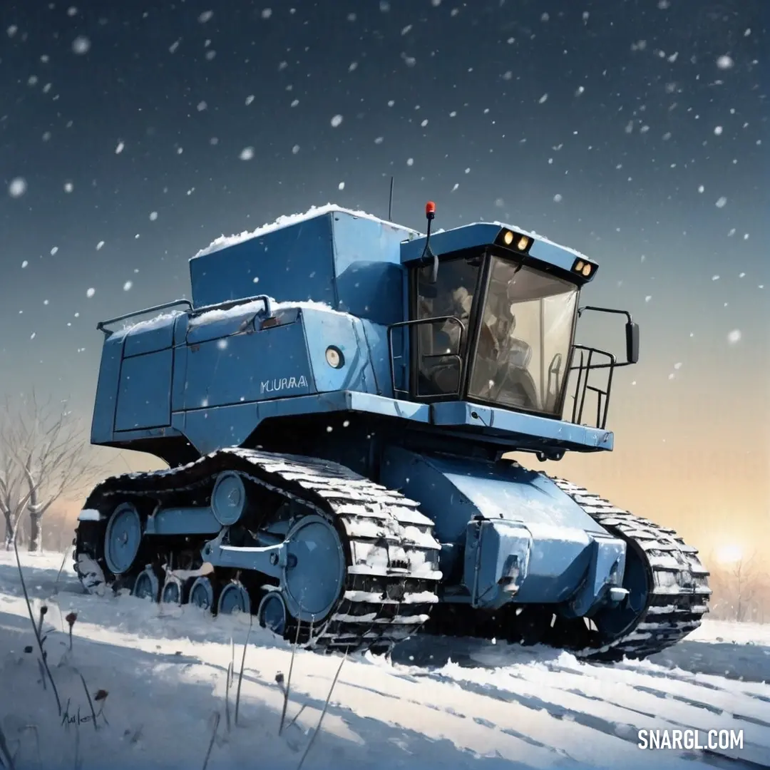 PANTONE 543 color example: Blue tractor is driving through the snow in the night time