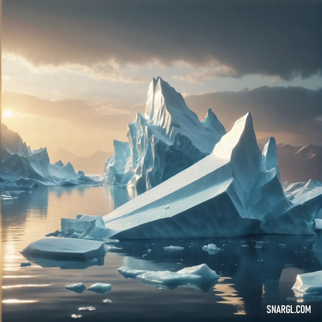 PANTONE 543 color example: Large iceberg floating in the ocean with a sunset in the background