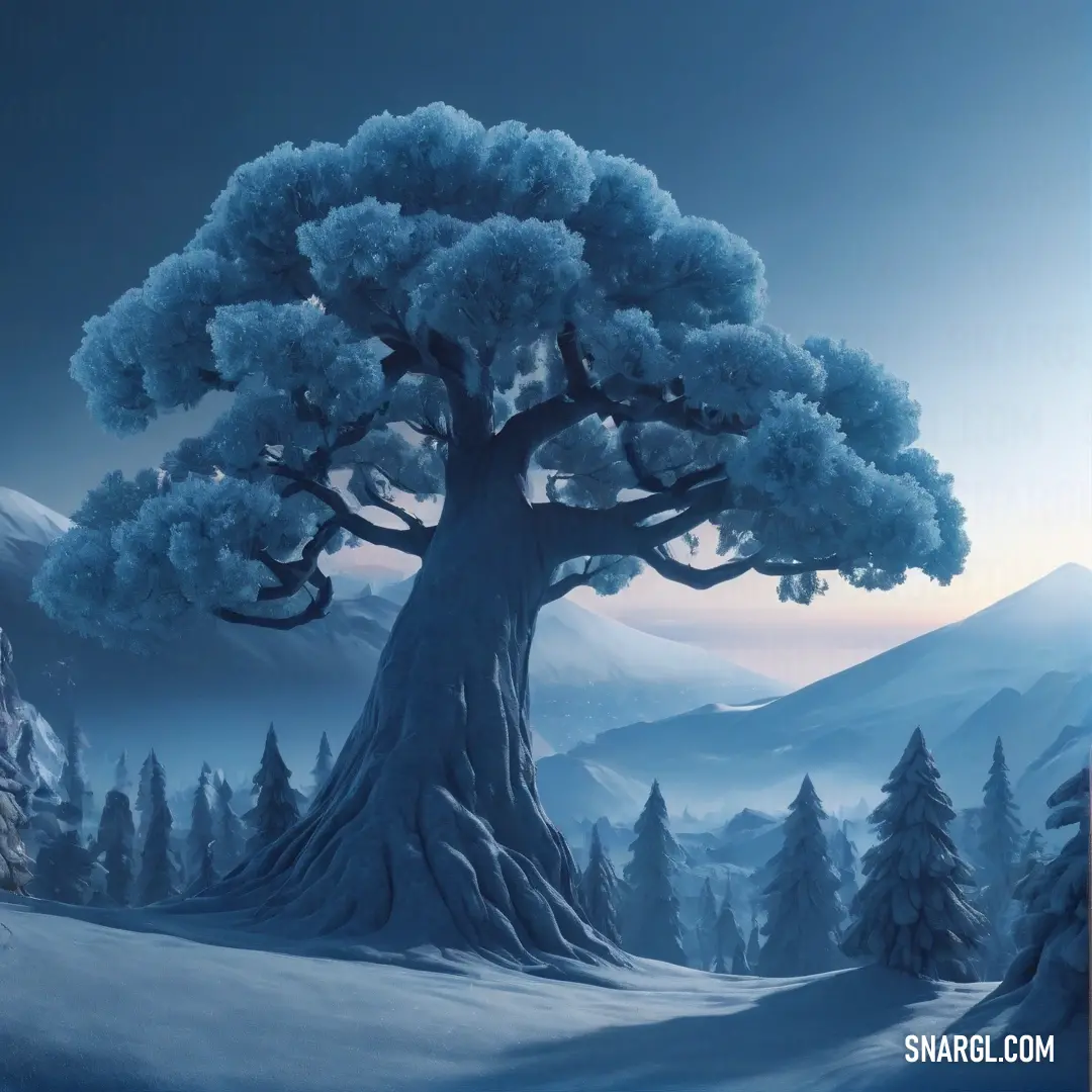 Painting of a tree in the middle of a snowy landscape with mountains in the background. Color PANTONE 543.
