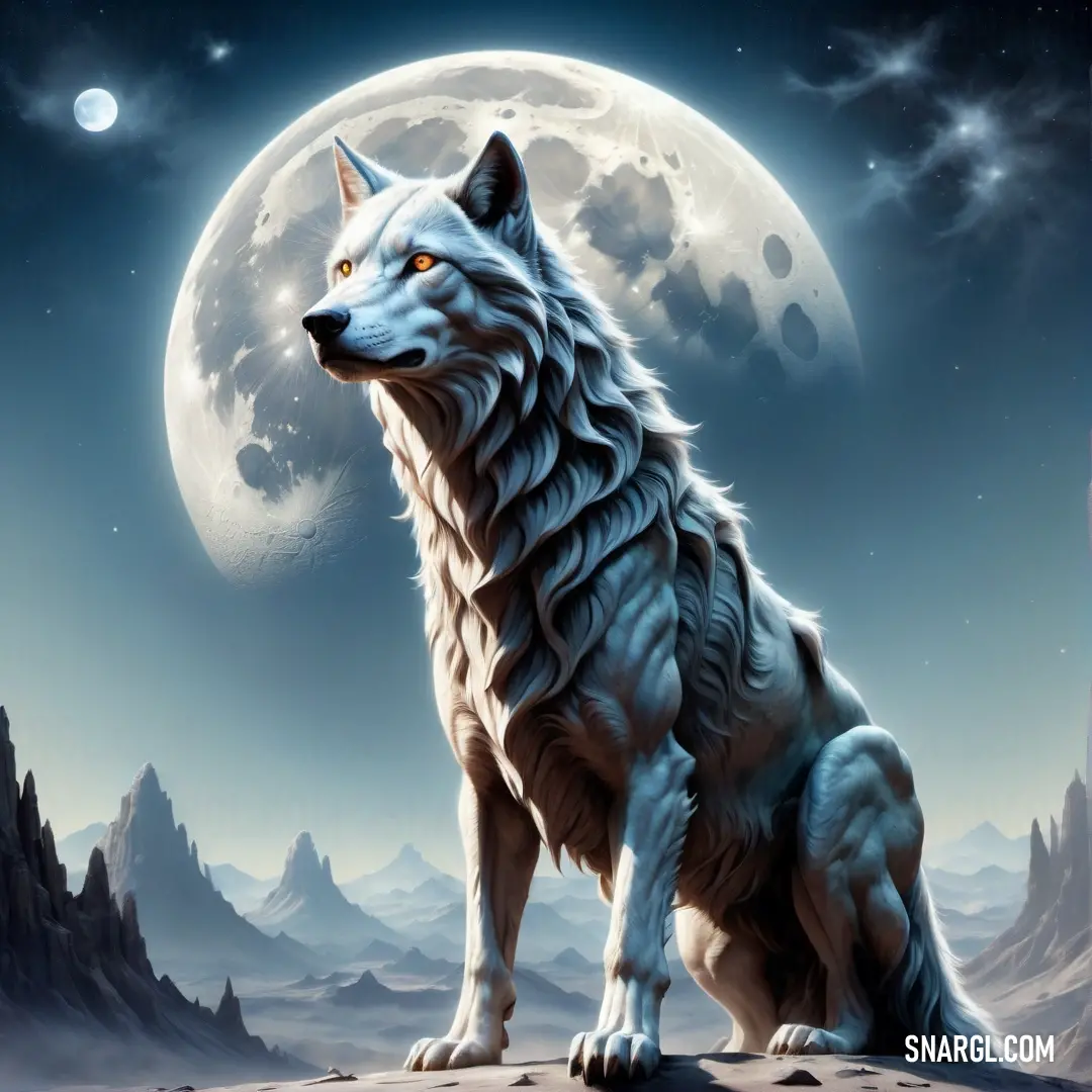 Wolf on a rock in front of a full moon and mountains with a full moon in the background. Color PANTONE 543.