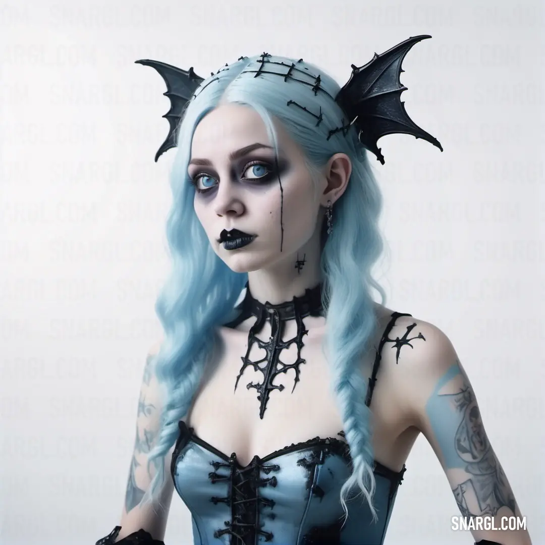 Woman with blue hair and black makeup wearing a bat costume and a black choker with spikes on her head. Example of CMYK 37,9,0,1 color.
