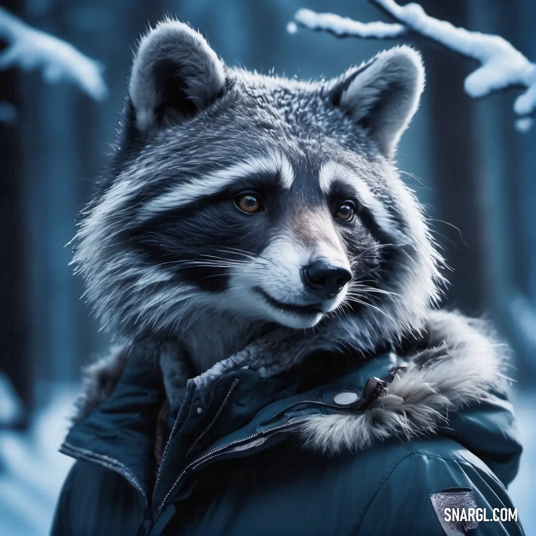 Raccoon wearing a jacket in the snow with a person in the background. Example of #A2BACA color.