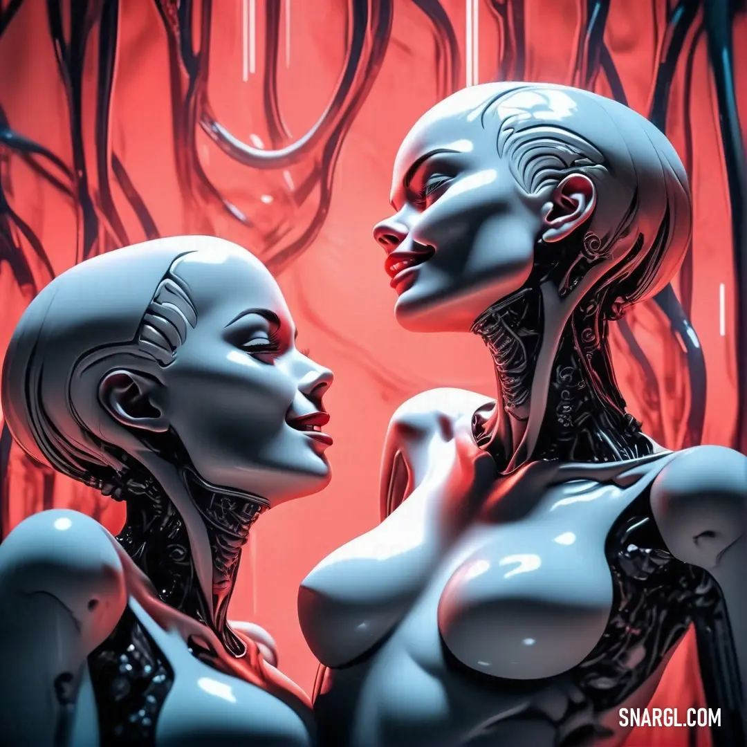 Two white mannequins are facing each other in a red room with black wires on the walls. Color PANTONE 5435.