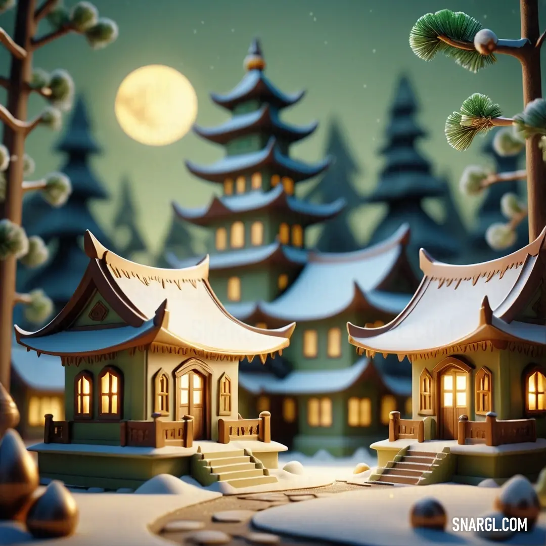 Small house in the snow with a full moon in the background and a snowy landscape with trees and snow. Example of #BDD6E7 color.