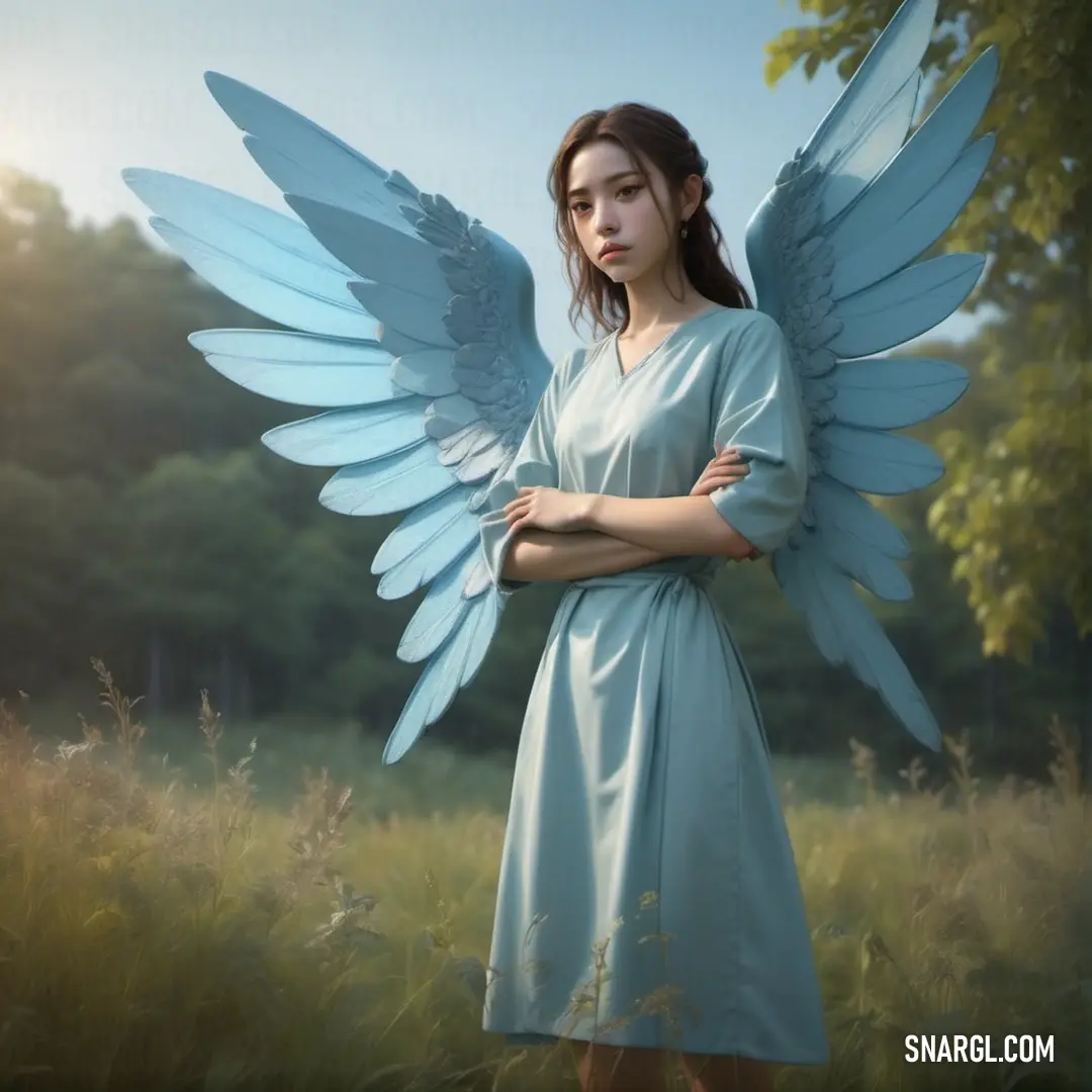 Woman in a blue dress with wings standing in a field of grass with her arms crossed and her arms folded. Color PANTONE 544.