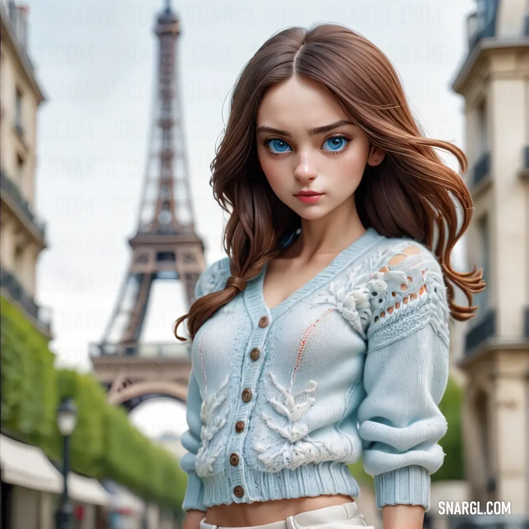 Doll is standing in front of the eiffel tower in paris, france. Color RGB 187,202,214.