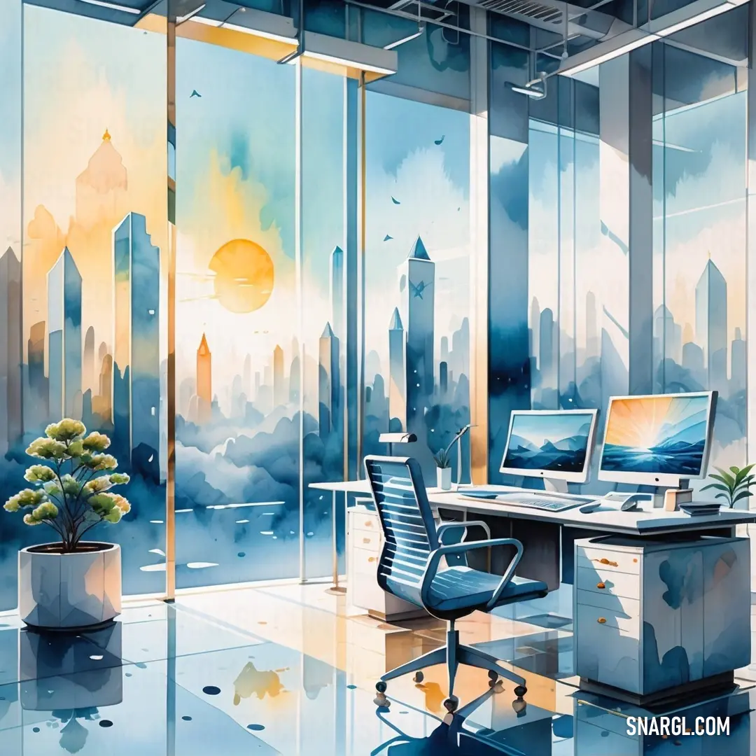 Painting of a cityscape with a desk and a chair in front of it. Example of PANTONE 5445 color.