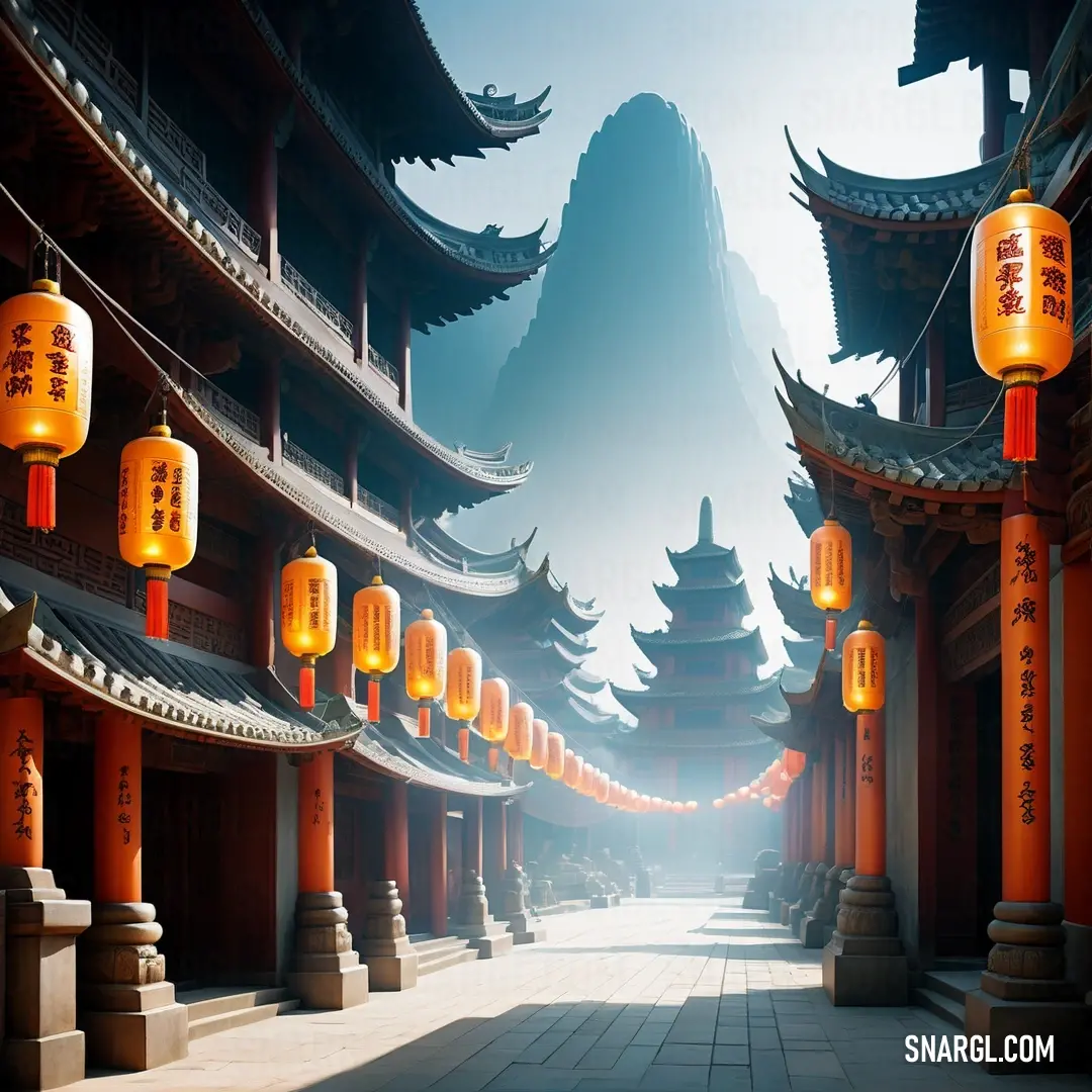 Street with lanterns hanging from the ceiling and a mountain in the background. Color RGB 187,202,214.