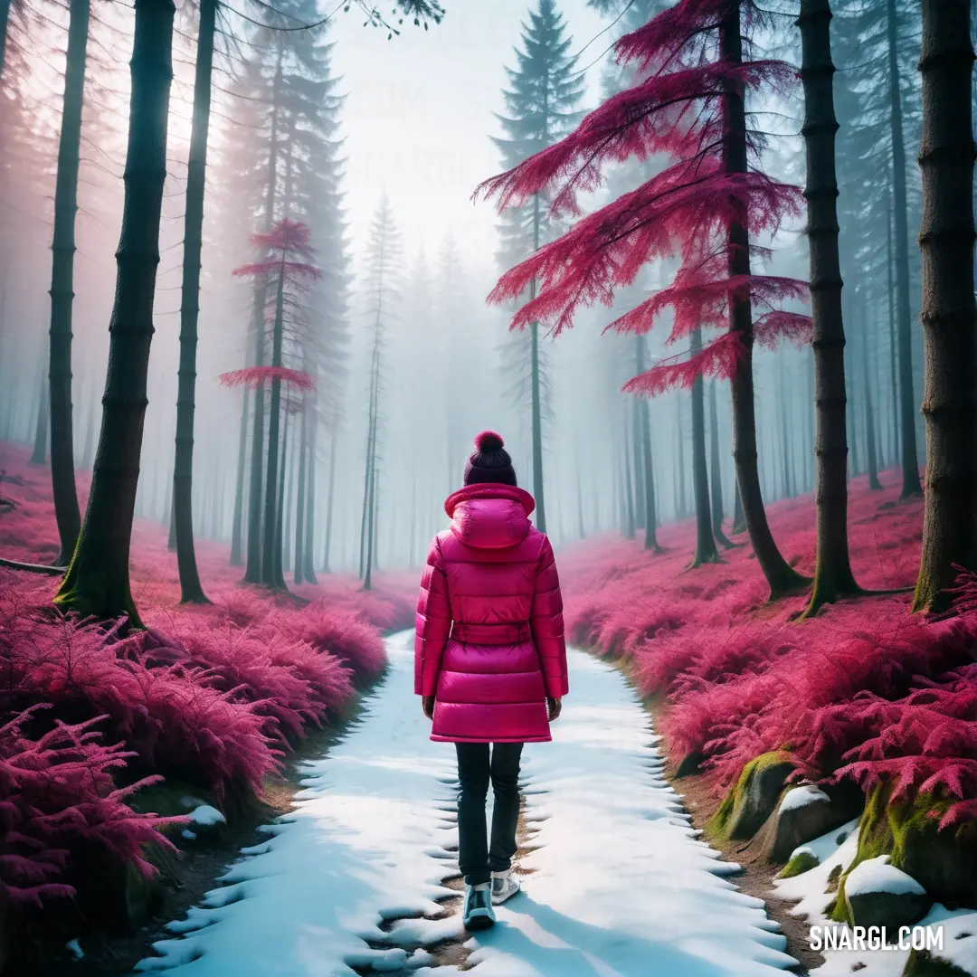 Woman in a pink coat walking through a forest with pink flowers and trees on a foggy day. Color #BBCAD6.