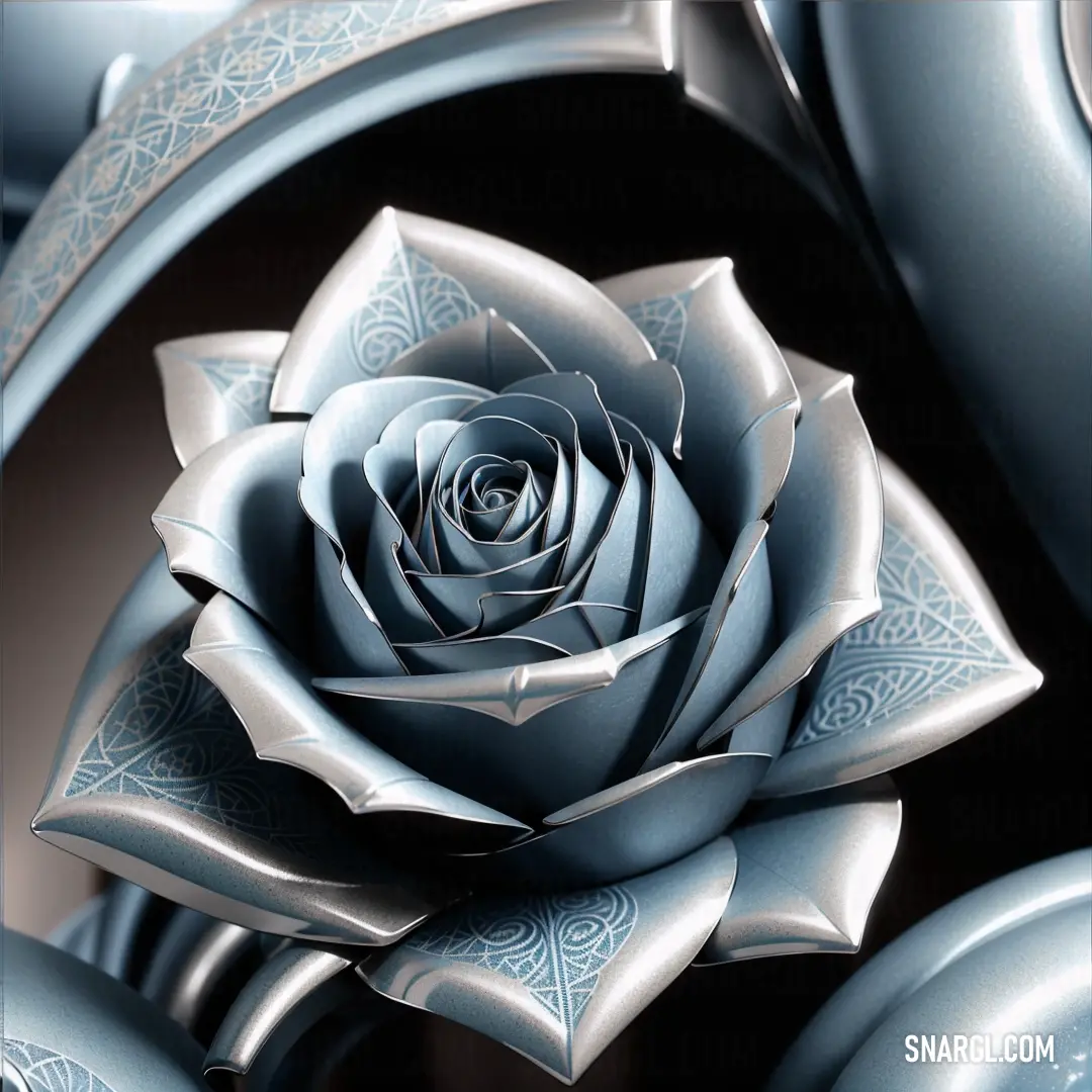 Blue rose is in the middle of a bunch of silver objects in a picture frame with a black background. Example of PANTONE 5455 color.