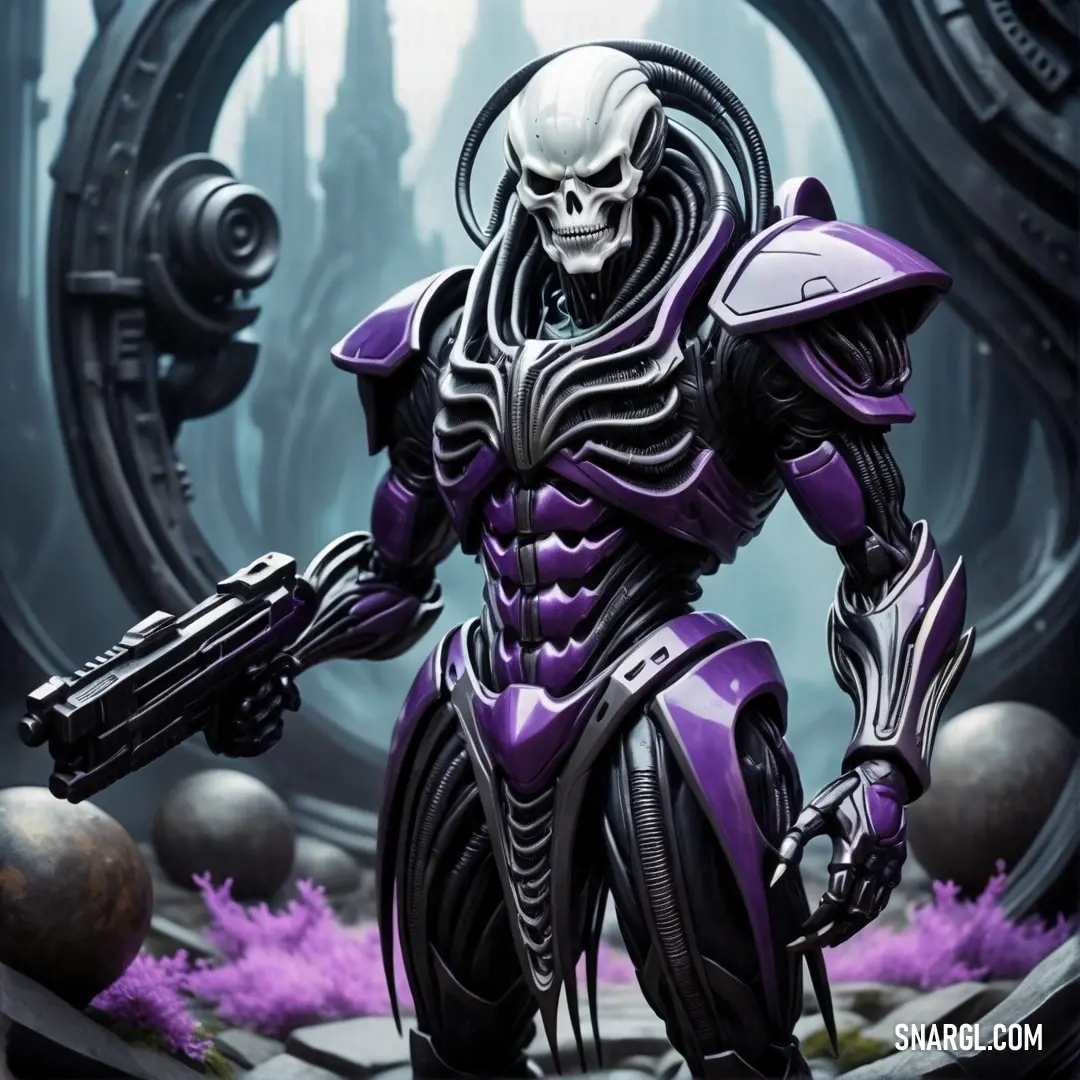 Skeleton - like alien holding a gun in a futuristic setting with a circular doorway in the background. Color #C9D5DA.