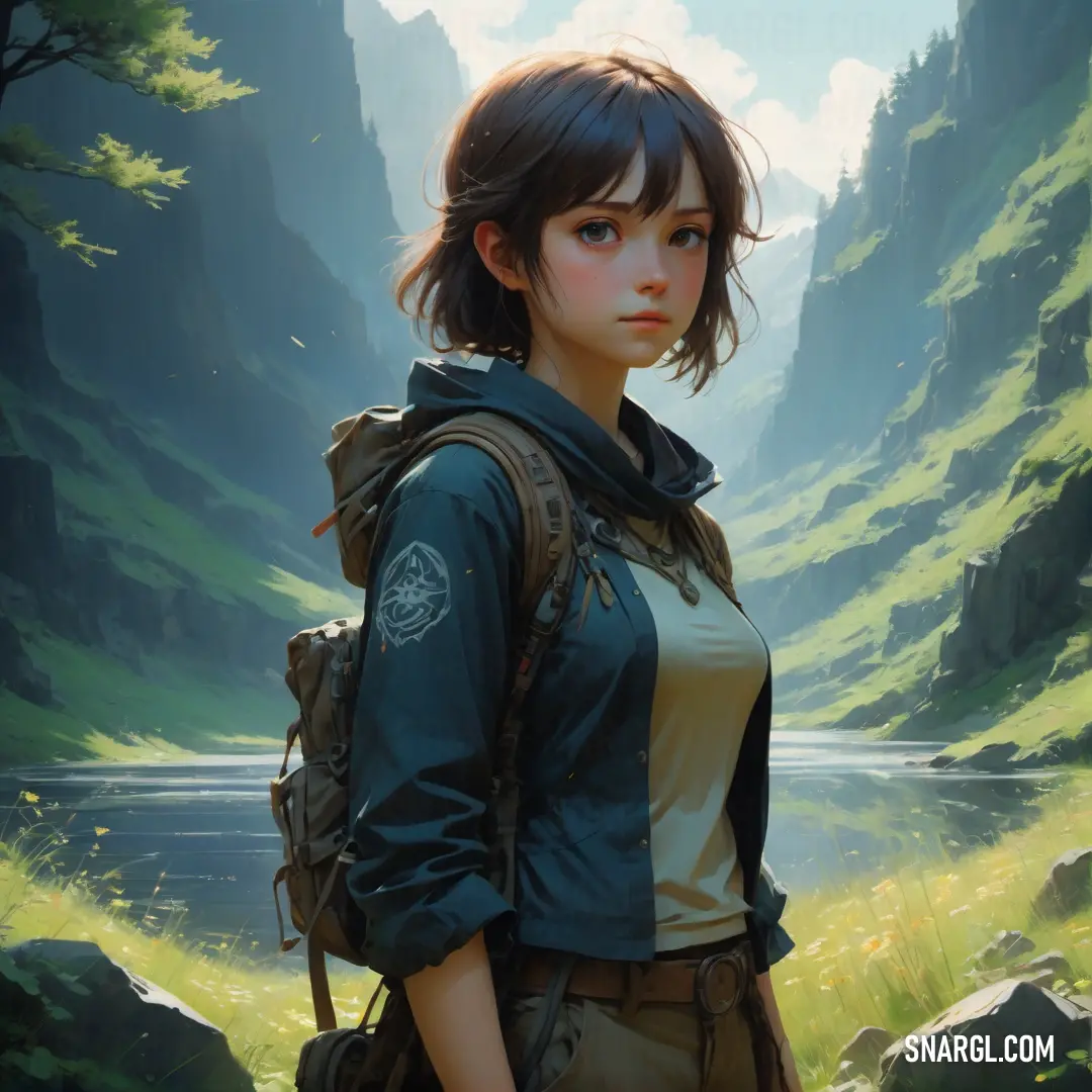 Woman with a backpack standing in a forest looking at the camera with a mountain in the background. Example of CMYK 100,41,35,87 color.