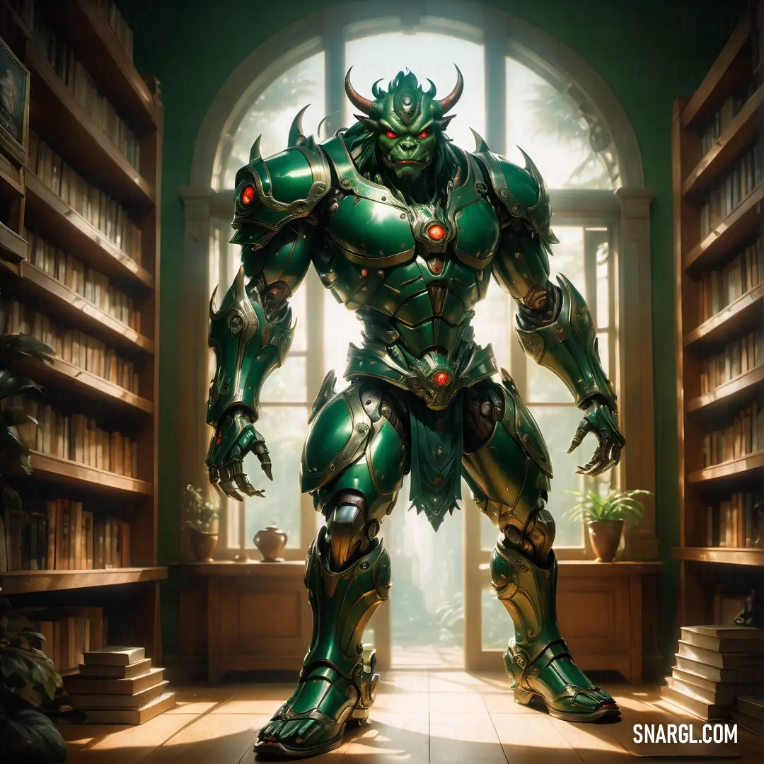 Giant robot standing in a library with a lot of books on the shelves behind it and a giant window. Color RGB 35,59,55.