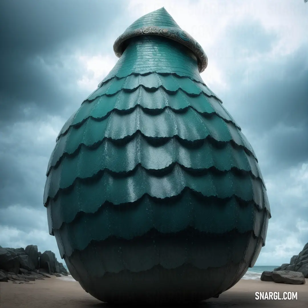 Large green vase on top of a sandy beach next to the ocean under a cloudy sky with a dark cloud. Example of RGB 5,55,69 color.