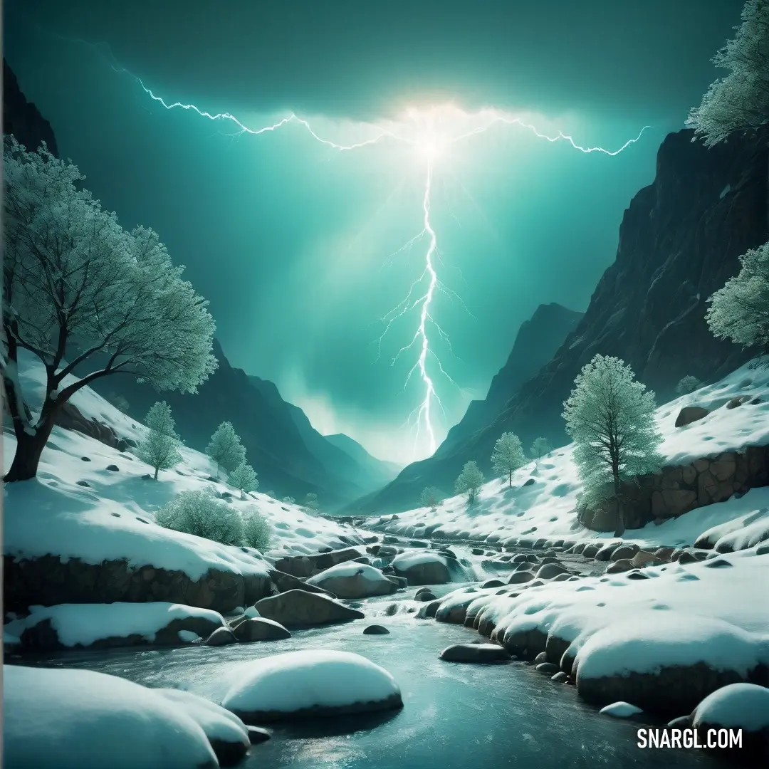 Painting of a river with a lightning bolt in the sky above it and snow covered rocks and trees. Example of RGB 5,55,69 color.