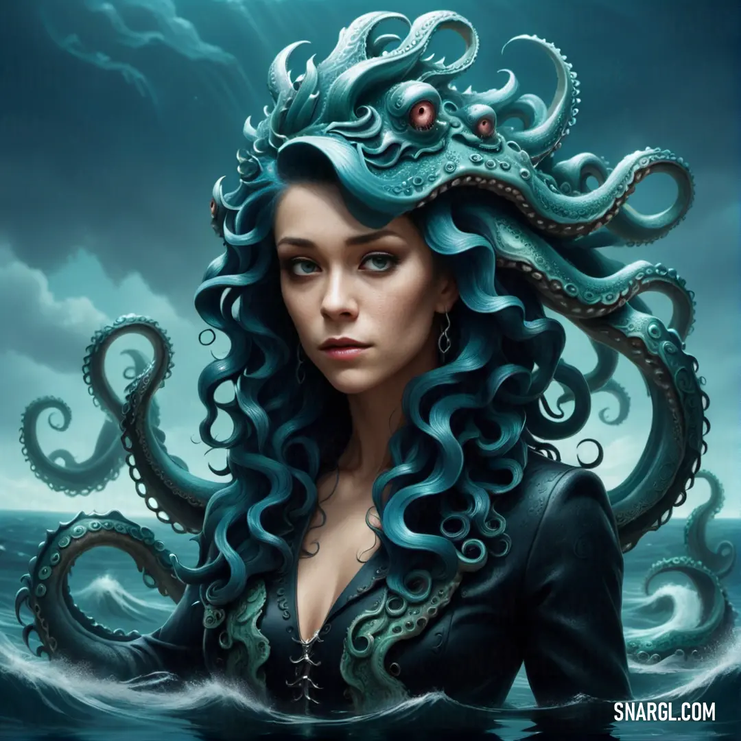 Woman with a blue hair and an octopus head on her head is in the water with a dark background. Color RGB 5,55,69.