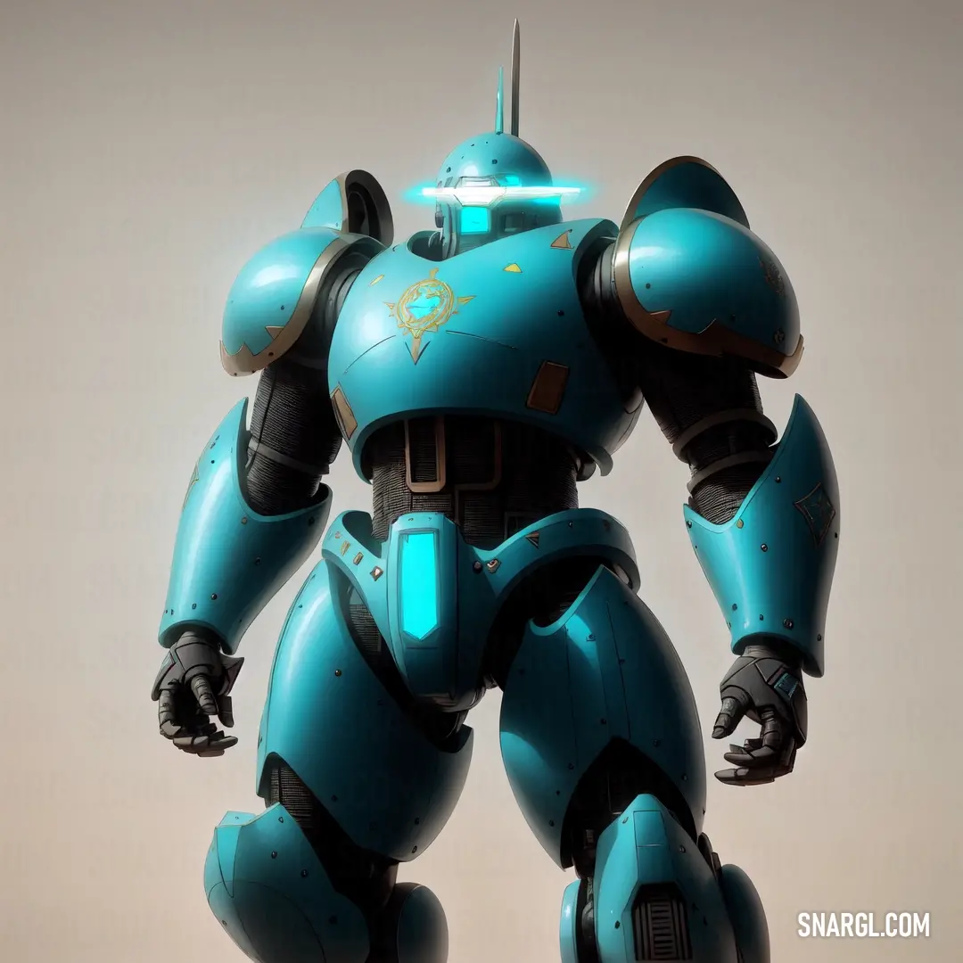 Blue robot with a light on its head and arms and legs, standing in front of a gray background. Example of PANTONE 5473 color.