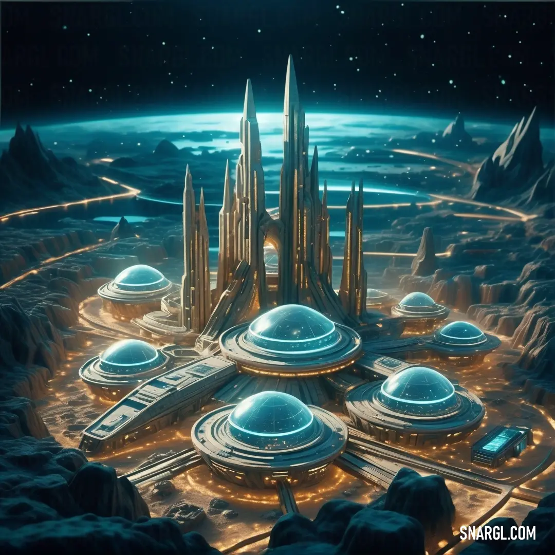 Futuristic city with a futuristic design and a futuristic sky background. Example of RGB 22,102,111 color.